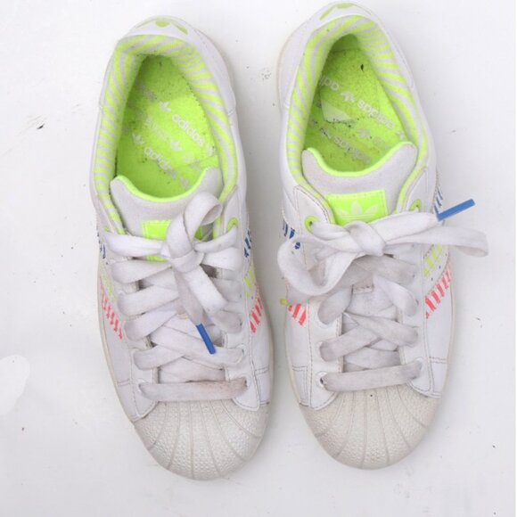 Adidas Superstar Leather Sneakers Running Shoes Neon Stripes Yellow Blue Red - Picture 8 of 12